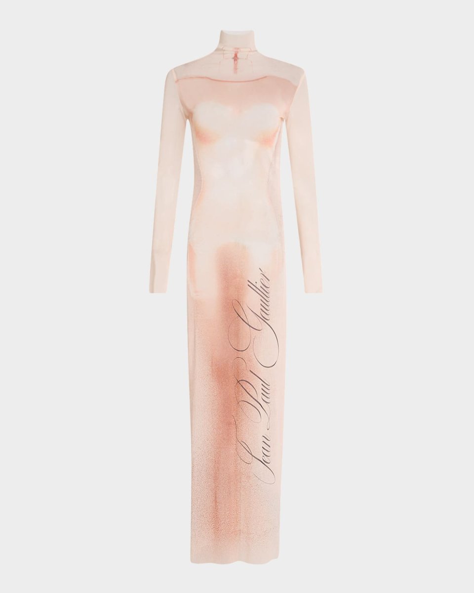 Le Classique Print Turtleneck Mesh Maxi Dress